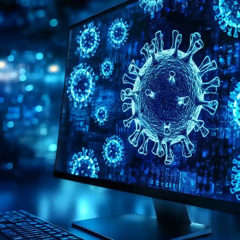 Metafora visiva tra biologia e cybersecurity virus informatici rappresentati come patogeni biologici sullo schermo di un computer in toni blu scuro.